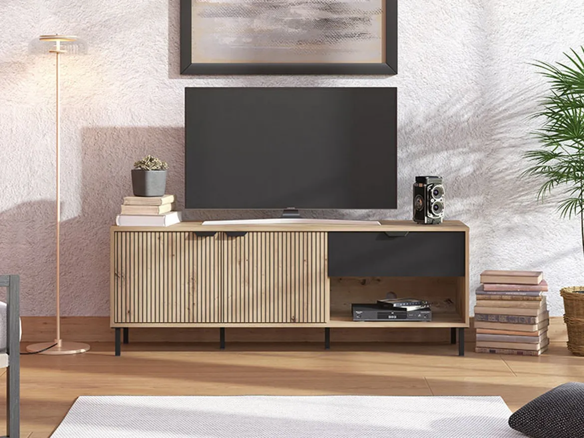 Mobile Porta tv Marrone Rovere Nodi Nero un Cassetto 2 Ripiani 157x40x52.5h cm, Apertura Battente, Scorrevole - Scala