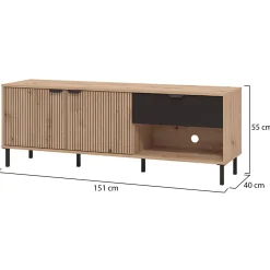 Mobile Porta tv Marrone Rovere Nodi Nero un Cassetto 2 Ripiani 157x40x52.5h cm, Apertura Battente, Scorrevole - Scala