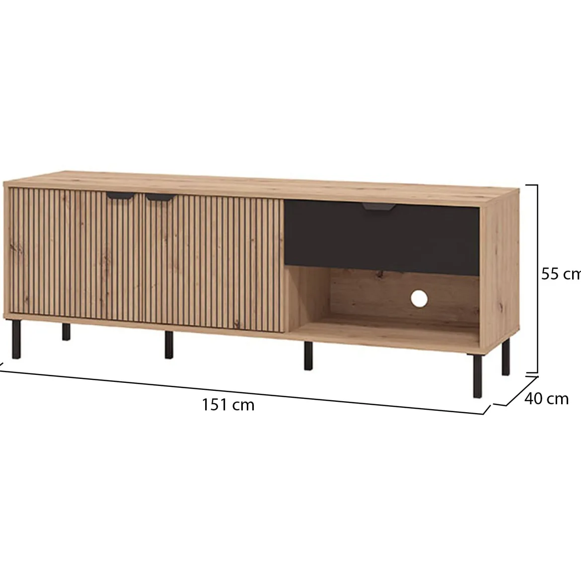 Mobile Porta tv Marrone Rovere Nodi Nero un Cassetto 2 Ripiani 157x40x52.5h cm, Apertura Battente, Scorrevole - Scala