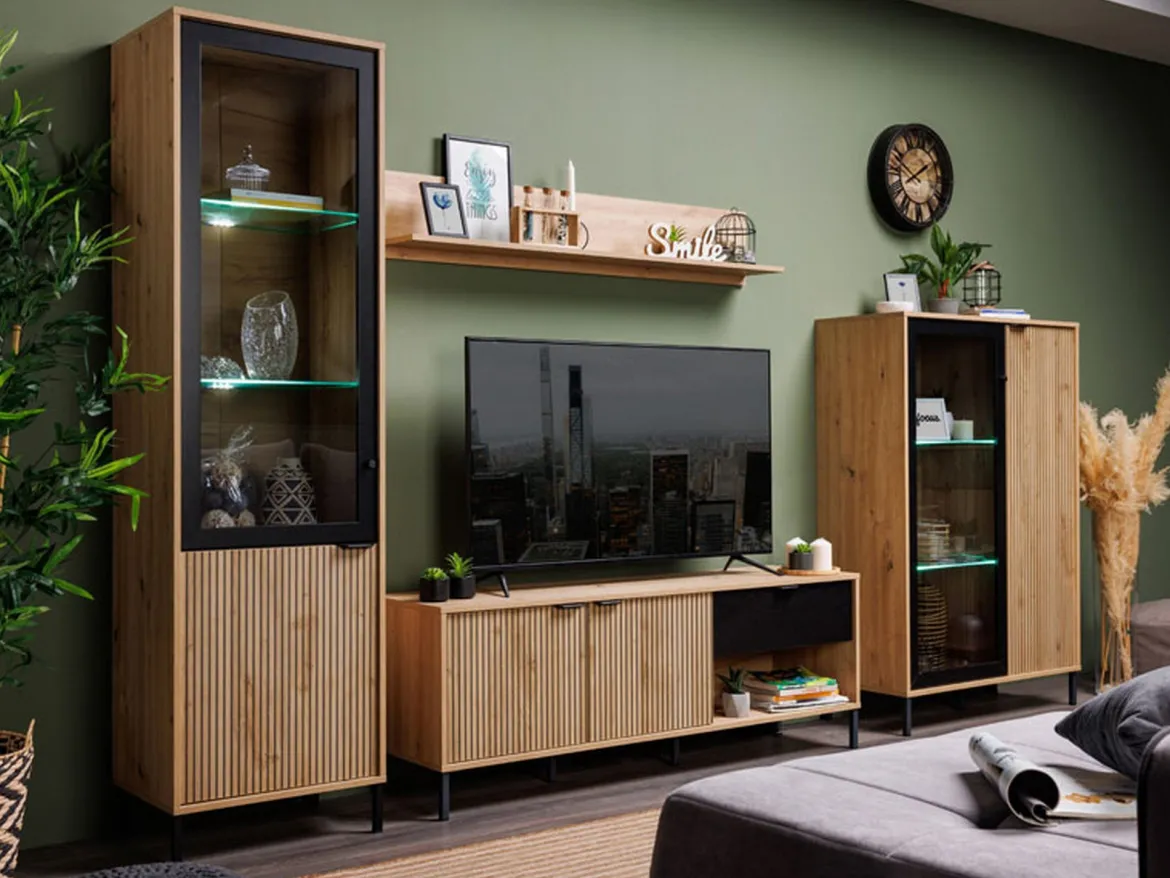 Mobile Porta tv Marrone Rovere Nodi Nero un Cassetto 2 Ripiani 157x40x52.5h cm, Apertura Battente, Scorrevole - Scala