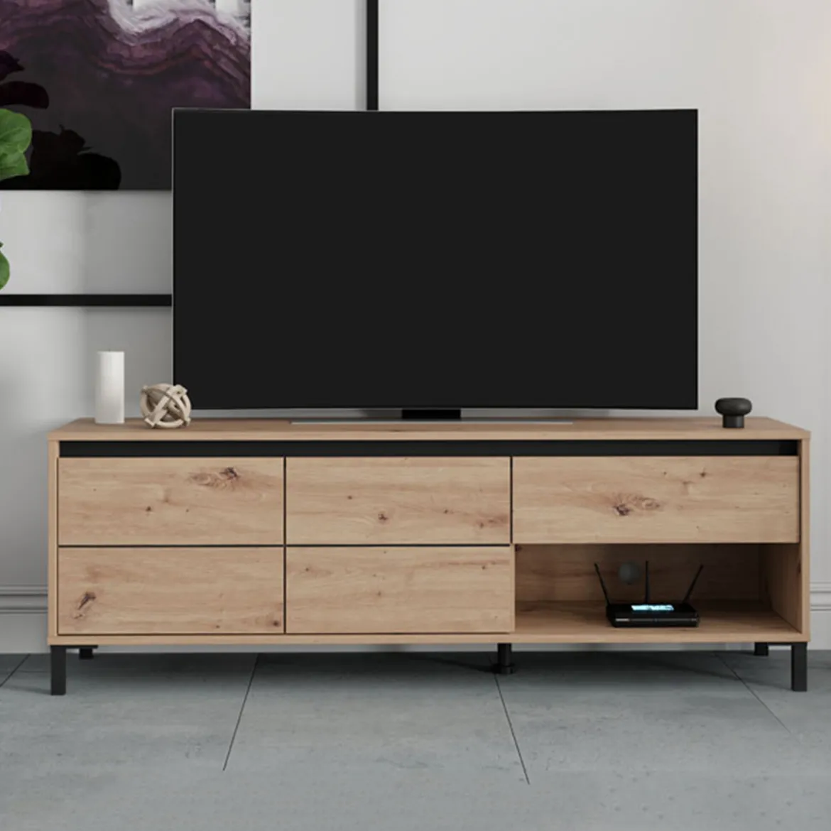 Mobile Porta tv Marrone Rovere Nodi Nero un Cassetto un Ripiano 151x40x52h cm, 2 Ante - Corciano