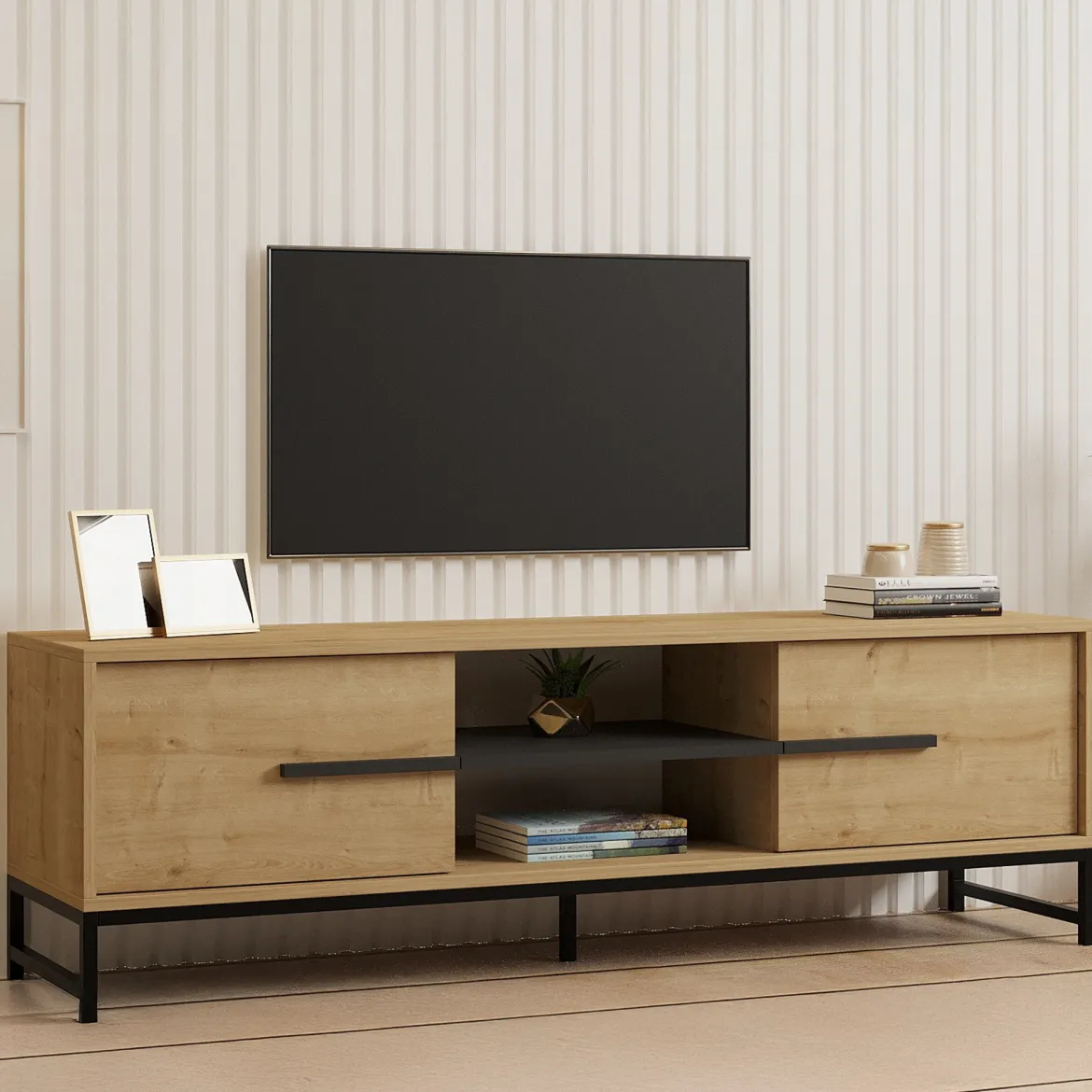 Mobile Porta tv Marrone Rovere un Ripiano 3 Ante 150x38x47h cm, Angoli Arrotondati - Gareto