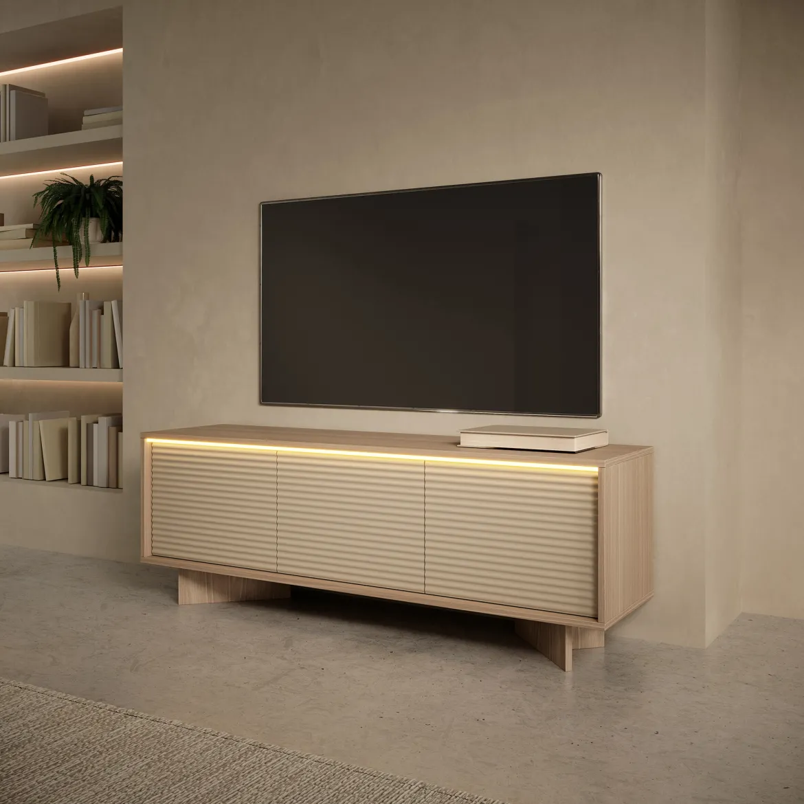 Mobile Porta tv Marrone Rovere un Ripiano 4 Ante 200x38x47h cm, Angoli Arrotondati - Kaleriha