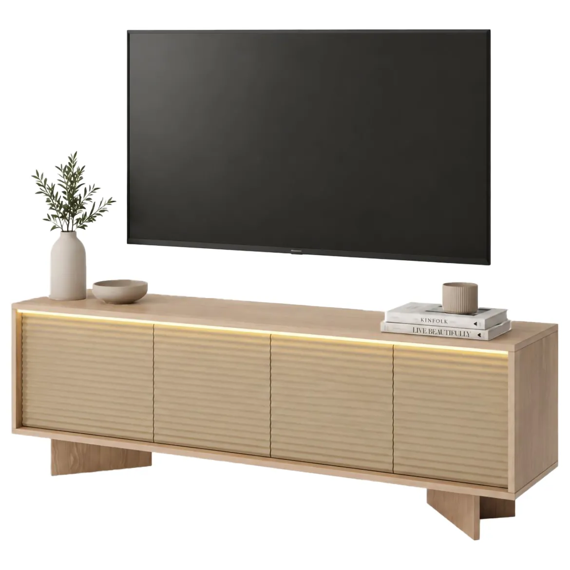Mobile Porta tv Marrone Rovere un Ripiano 4 Ante 200x38x47h cm, Angoli Arrotondati - Kaleriha