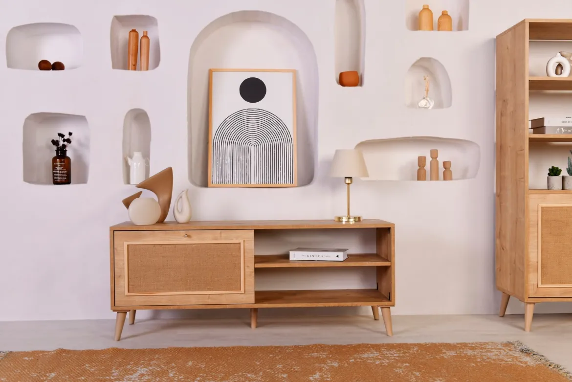 Mobile Porta tv Marrone Rovere un Ripiano Apertura a Ribalta 180x41x55h cm, 2 Ante - Grassano