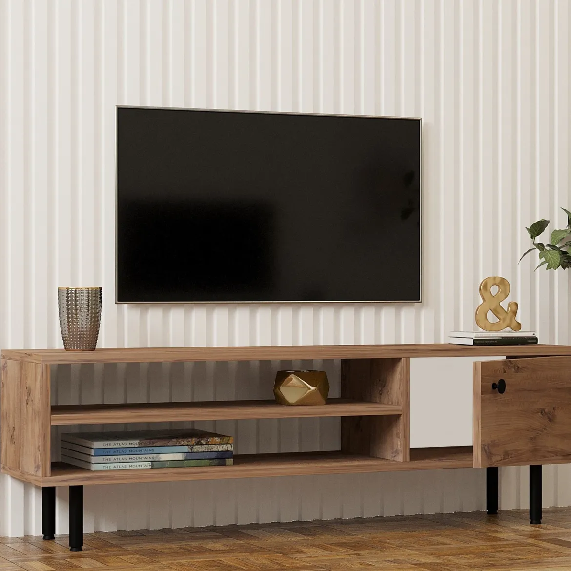Mobile Porta tv Marrone Rovere un Ripiano Un'anta 160x40x35h cm, 5 Vani - Sovico