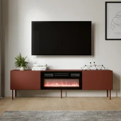 Mobile Porta tv Marrone Terracotta un Ripiano 2 Ante 200x42x57h cm, Caminetto Incluso - Vermezzo