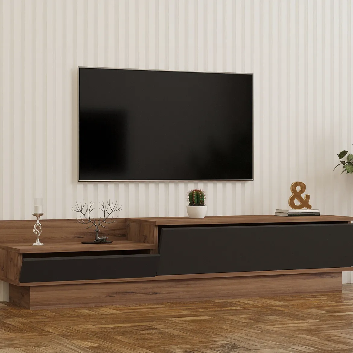 Mobile Porta tv Nero Antracite Marrone Rovere 2 Ripiani 2 Ante 150x35x47h cm, 5 Vani - Filetto