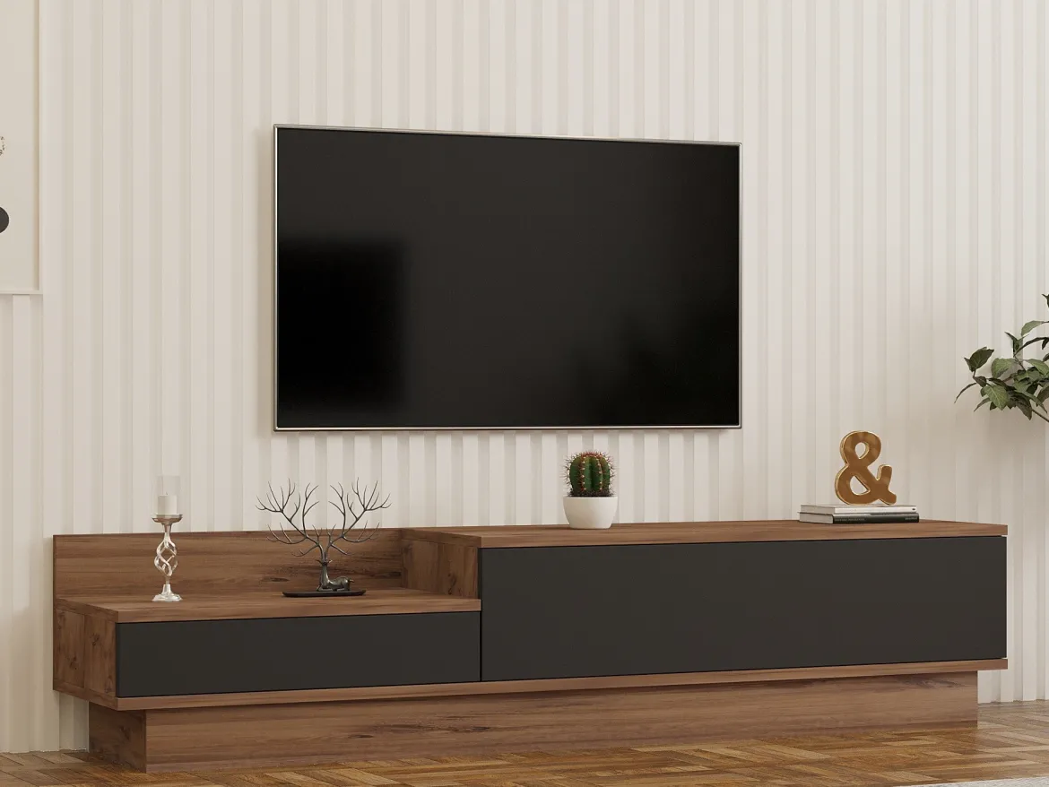 Mobile Porta tv Nero Antracite Marrone Rovere 2 Ripiani 2 Ante 150x35x47h cm, 5 Vani - Filetto