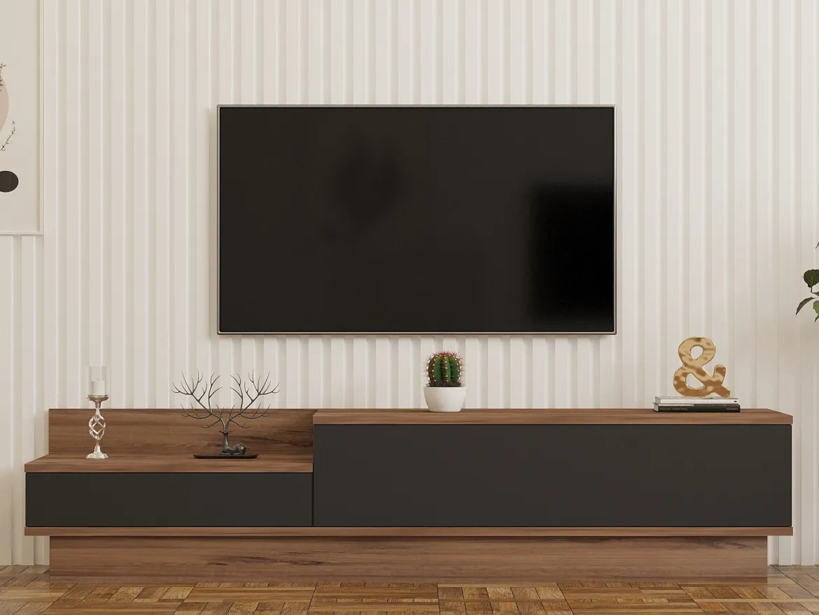 Mobile Porta tv Nero Antracite Marrone Rovere 2 Ripiani 2 Ante 150x35x47h cm, 5 Vani - Filetto