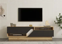 Mobile Porta tv Nero Antracite Marrone Rovere 3 Ante Apertura a Ribalta 150x35x44h cm, 3 Vani - Fiorano