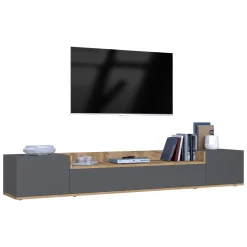 Mobile Porta tv Nero Antracite Marrone Rovere 3 Ripiani 3 Ante 200x35x30h cm, 4 Vani Made in Italy - Oxanna
