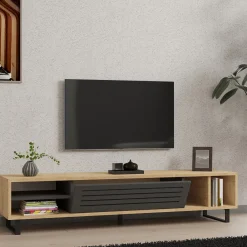 Mobile Porta tv Nero Antracite Marrone Rovere un Ripiano Un'anta 160x40x35h cm, 5 Vani - Sovico