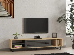 Mobile Porta tv Nero Antracite Marrone Rovere un Ripiano Un'anta 160x40x35h cm, 5 Vani - Sovico
