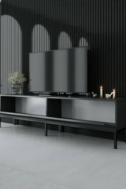 Mobile Porta tv Nero Antracite Nero Cassetti un Ripiano 180x30x47h cm, 2 Ante - Espero
