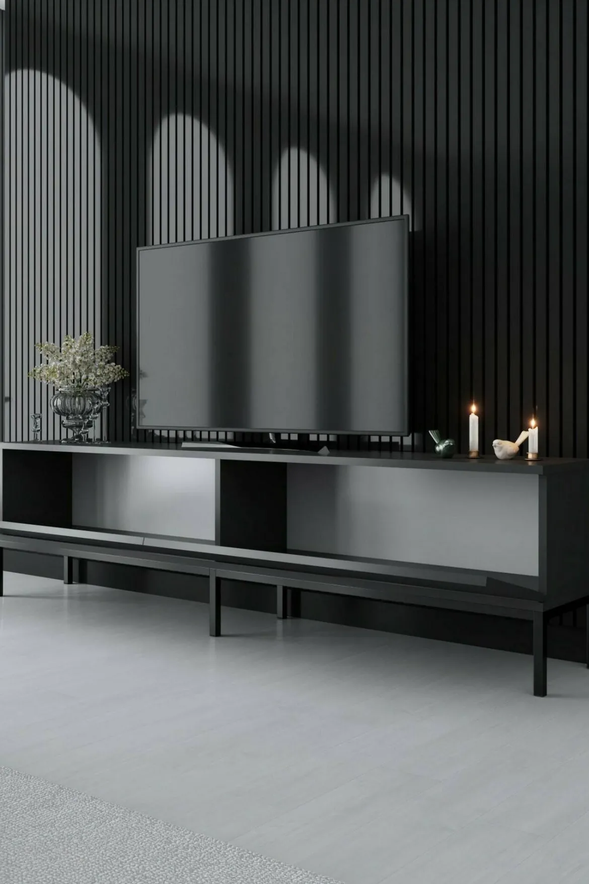 Mobile Porta tv Nero Antracite Nero Cassetti un Ripiano 180x30x47h cm, 2 Ante - Espero