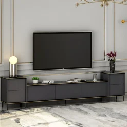 Mobile Porta tv Nero Antracite Nero Marmo Luci led Incluse 3 Ante 160x32x35h cm, Apertura a Ribalta - Marazzi