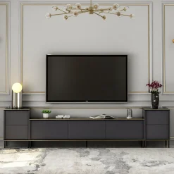 Mobile Porta tv Nero Antracite Nero Marmo Luci led Incluse 3 Ante 160x32x35h cm, Apertura a Ribalta - Marazzi