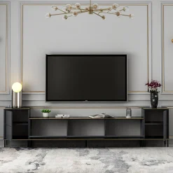 Mobile Porta tv Nero Antracite Nero Marmo Luci led Incluse 3 Ante 160x32x35h cm, Apertura a Ribalta - Marazzi