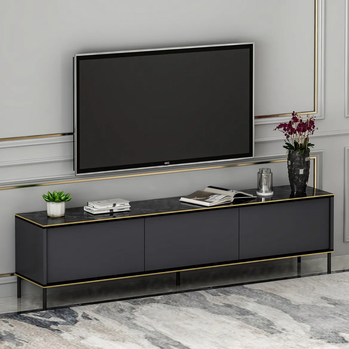 Mobile Porta tv Nero Antracite oro Cassetti un Ripiano 180x30x47h cm, 2 Ante - Espero
