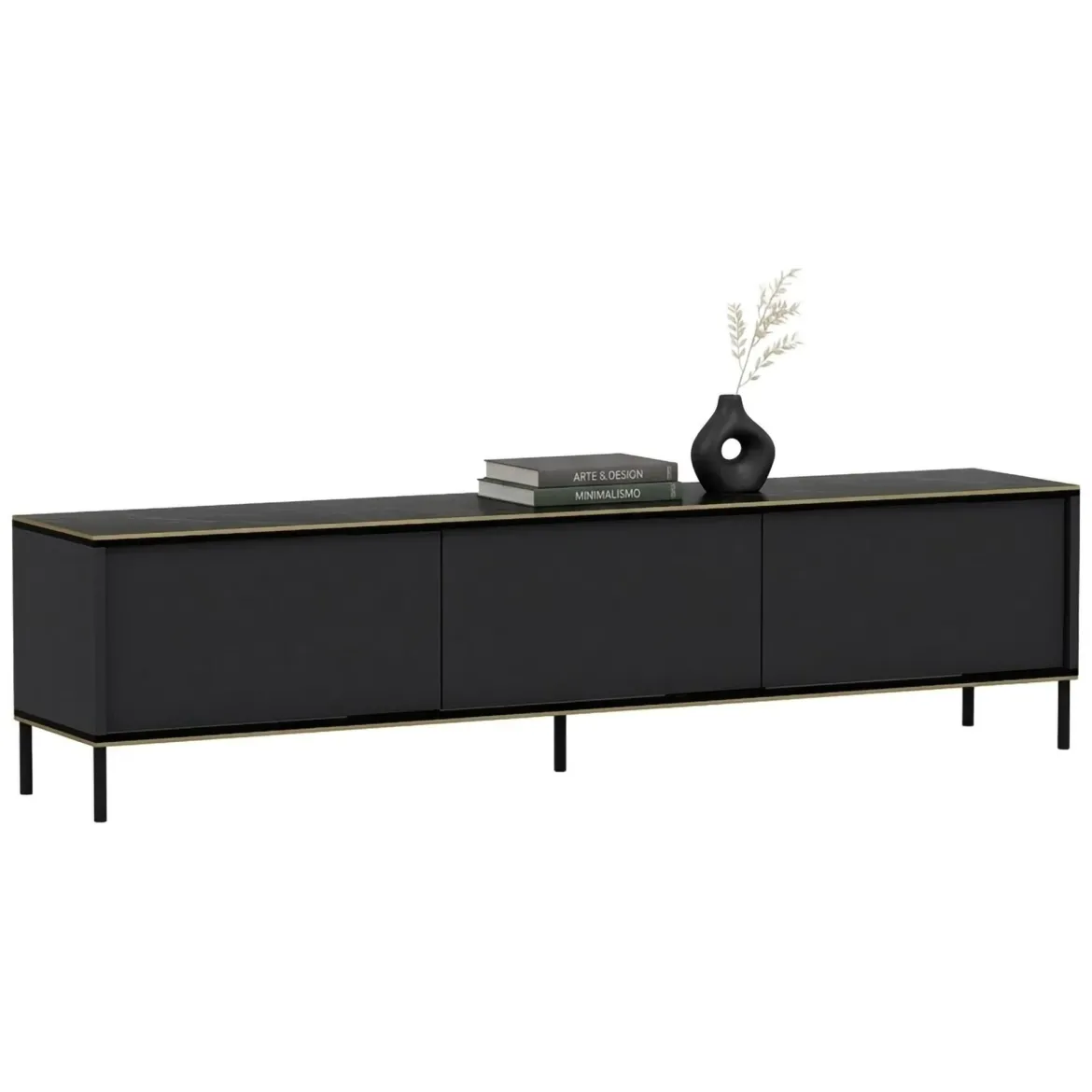 Mobile Porta tv Nero Antracite oro Cassetti un Ripiano 180x30x47h cm, 2 Ante - Espero