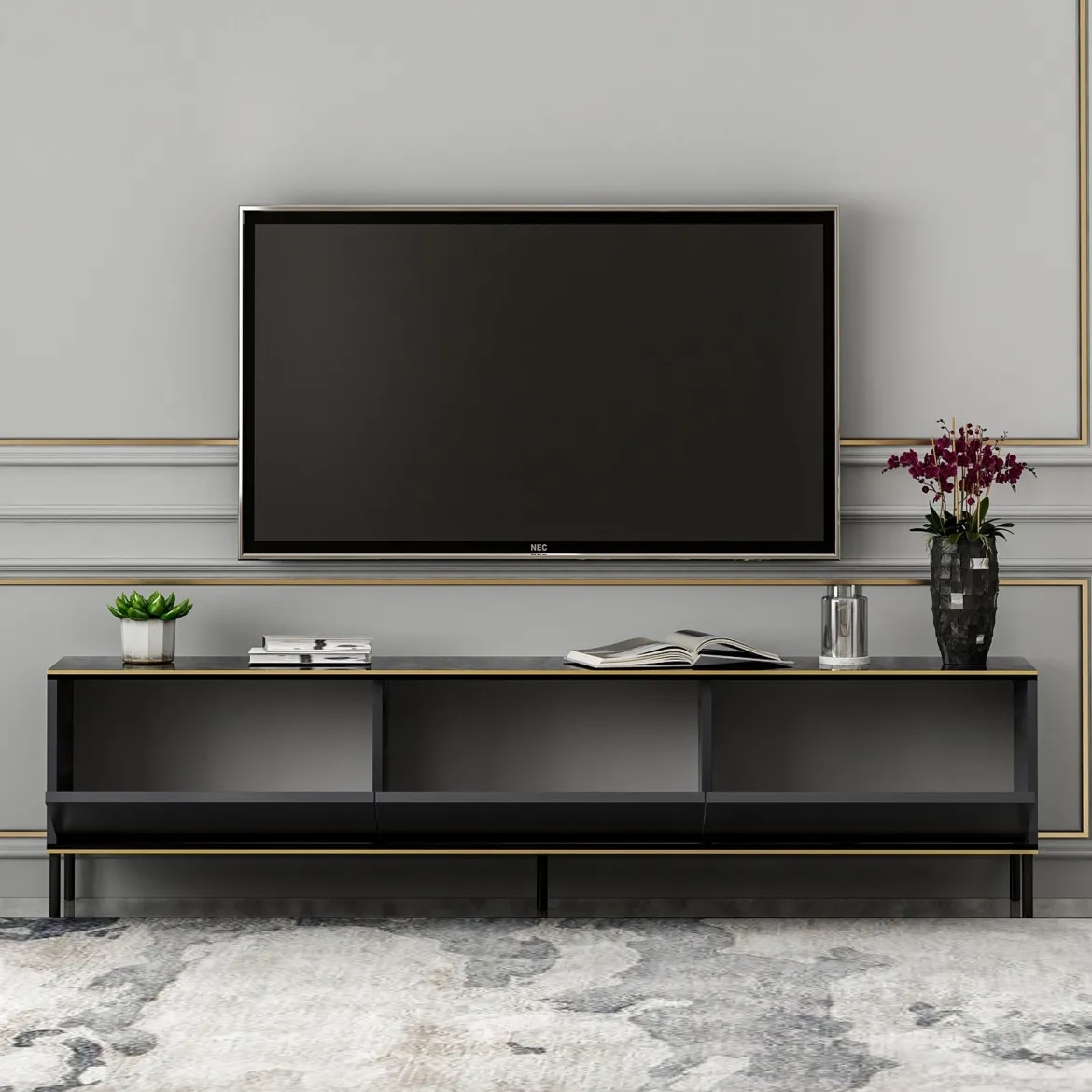 Mobile Porta tv Nero Antracite oro Cassetti un Ripiano 180x30x47h cm, 2 Ante - Espero