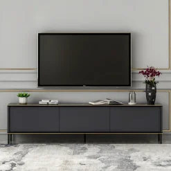 Mobile Porta tv Nero Antracite oro Cassetti un Ripiano 180x30x47h cm, 2 Ante - Espero