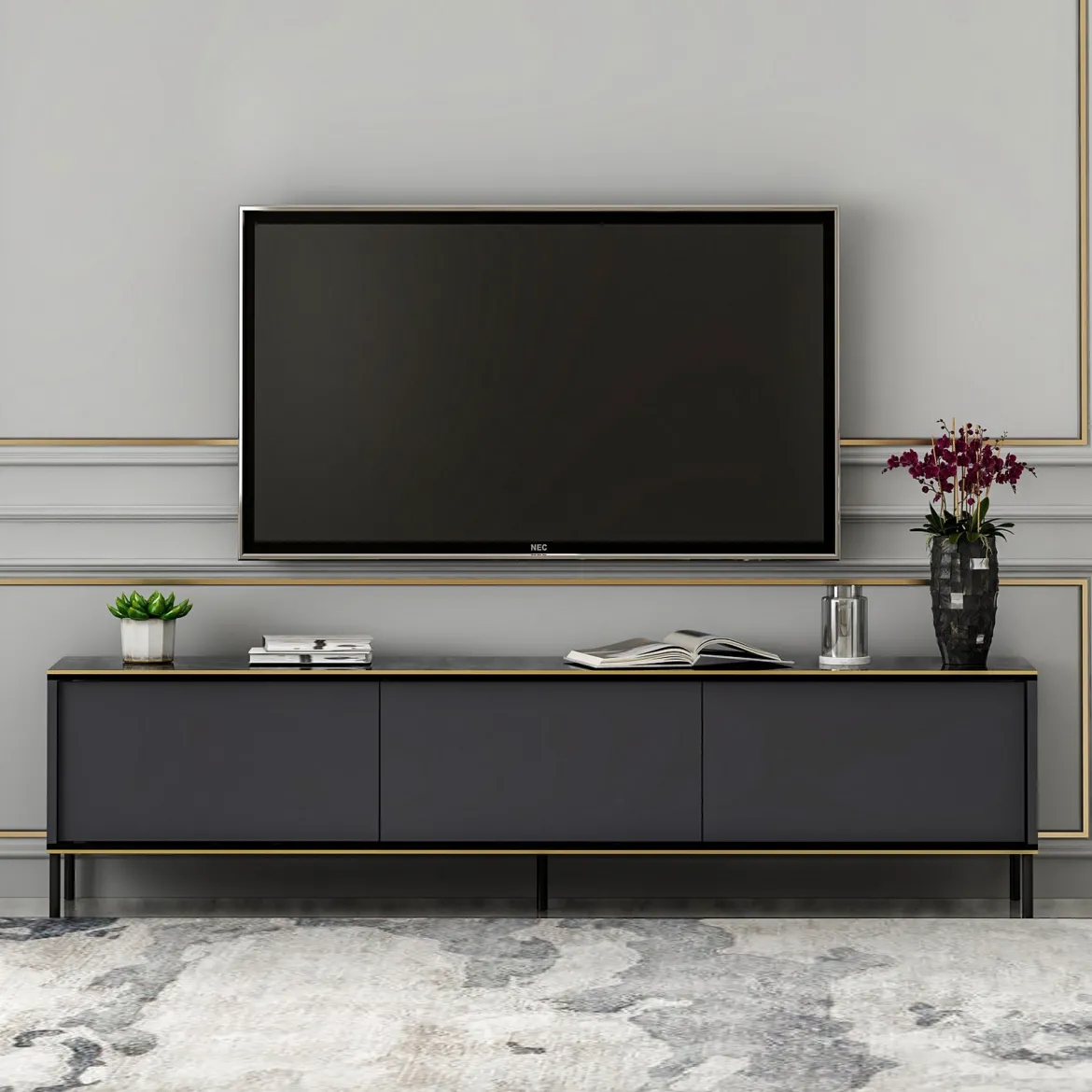 Mobile Porta tv Nero Antracite oro Cassetti un Ripiano 180x30x47h cm, 2 Ante - Espero