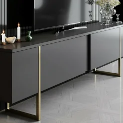 Mobile Porta tv Nero Antracite un Ripiano Apertura Battente, a Ribalta 192x37x53h cm, 3 Ante - Trasacco