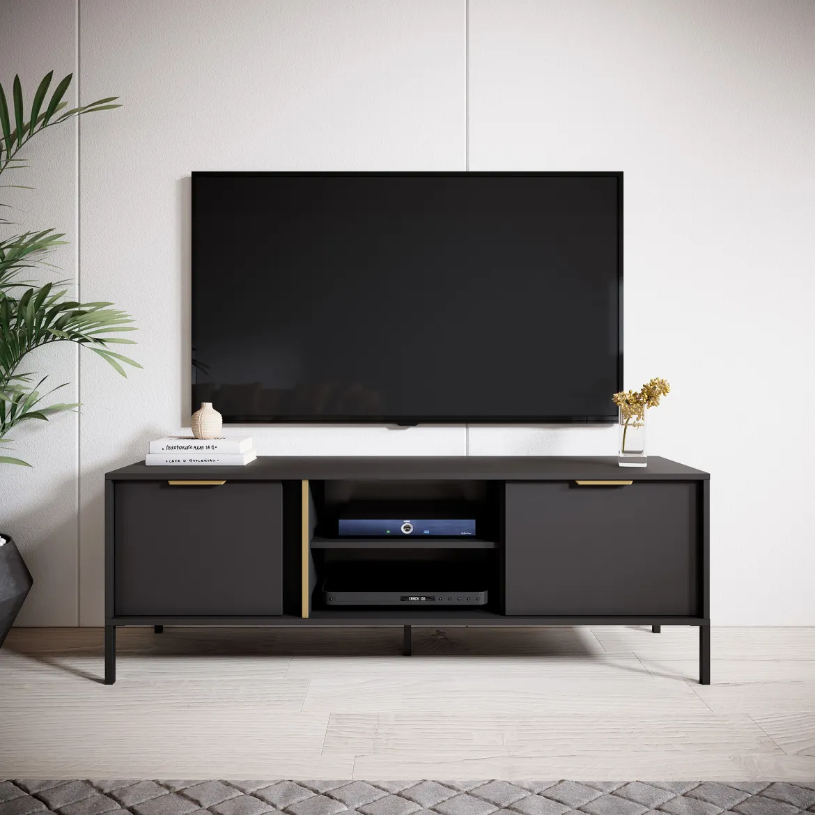 Mobile Porta tv Nero oro 2 Ripiani 2 Ante 153x40x53h cm, 4 Vani - Kaleka