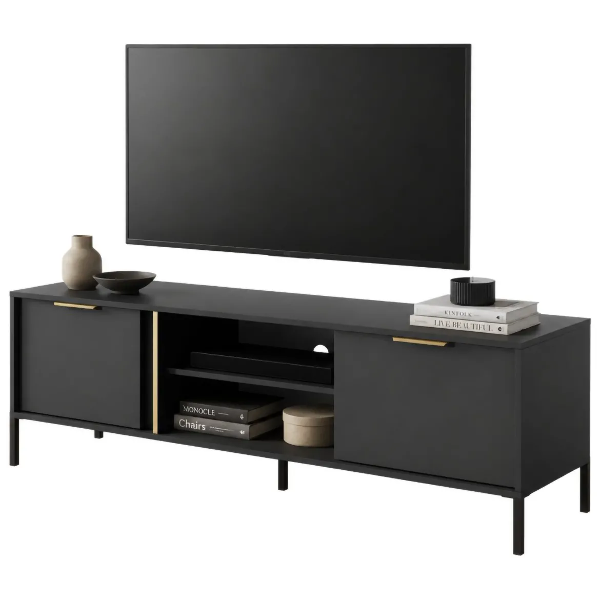 Mobile Porta tv Nero oro 2 Ripiani 2 Ante 153x40x53h cm, 4 Vani - Kaleka