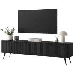 Mobile Porta tv Nero 2 Ripiani 2 Ante 163x38x51h cm, Ante Effetto Rigato con Piedini - Kalase