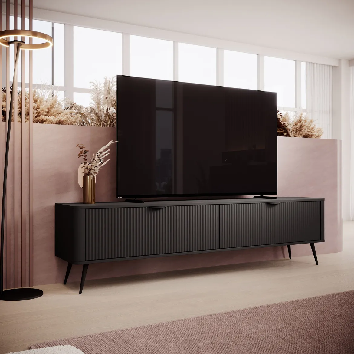Mobile Porta tv Nero 2 Ripiani 2 Ante 200x38x51h cm, Ante Effetto Rigato con Piedini - Kala