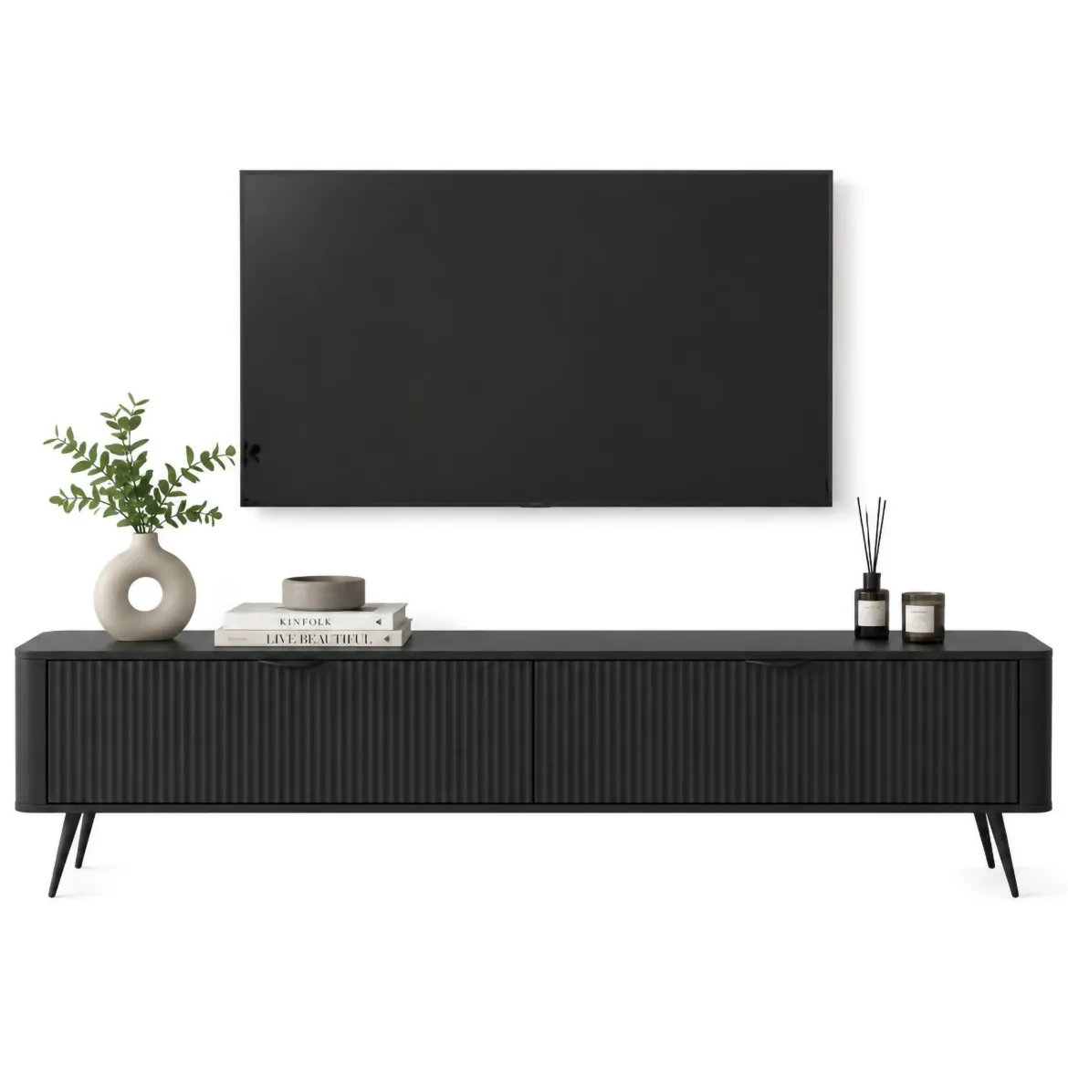 Mobile Porta tv Nero 2 Ripiani 2 Ante 200x38x51h cm, Ante Effetto Rigato con Piedini - Kala