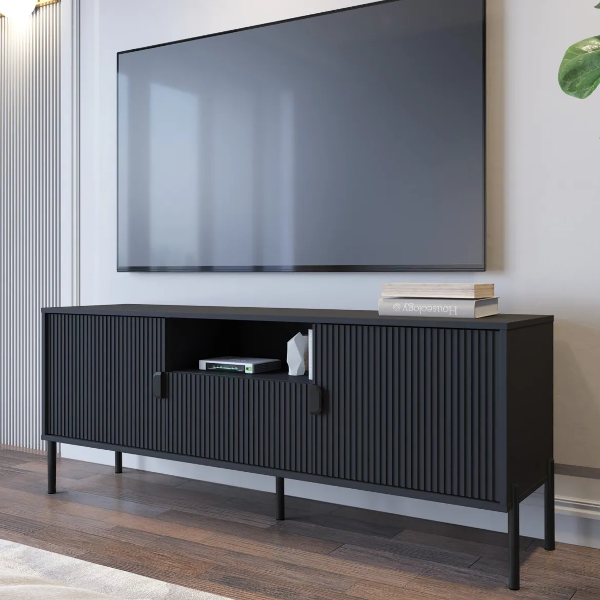 Mobile Porta tv Nero un Cassetto Ripiani 155x40x69h cm, 2 Ante - Rabattone