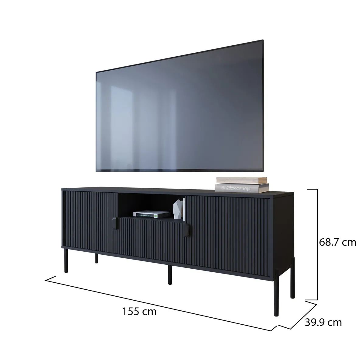 Mobile Porta tv Nero un Cassetto Ripiani 155x40x69h cm, 2 Ante - Rabattone