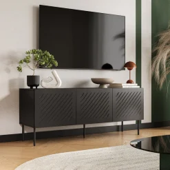 Mobile Porta tv Nero un Ripiano 2 Ante 154x40x53h cm, Ante Effetto Rigato - Kameza
