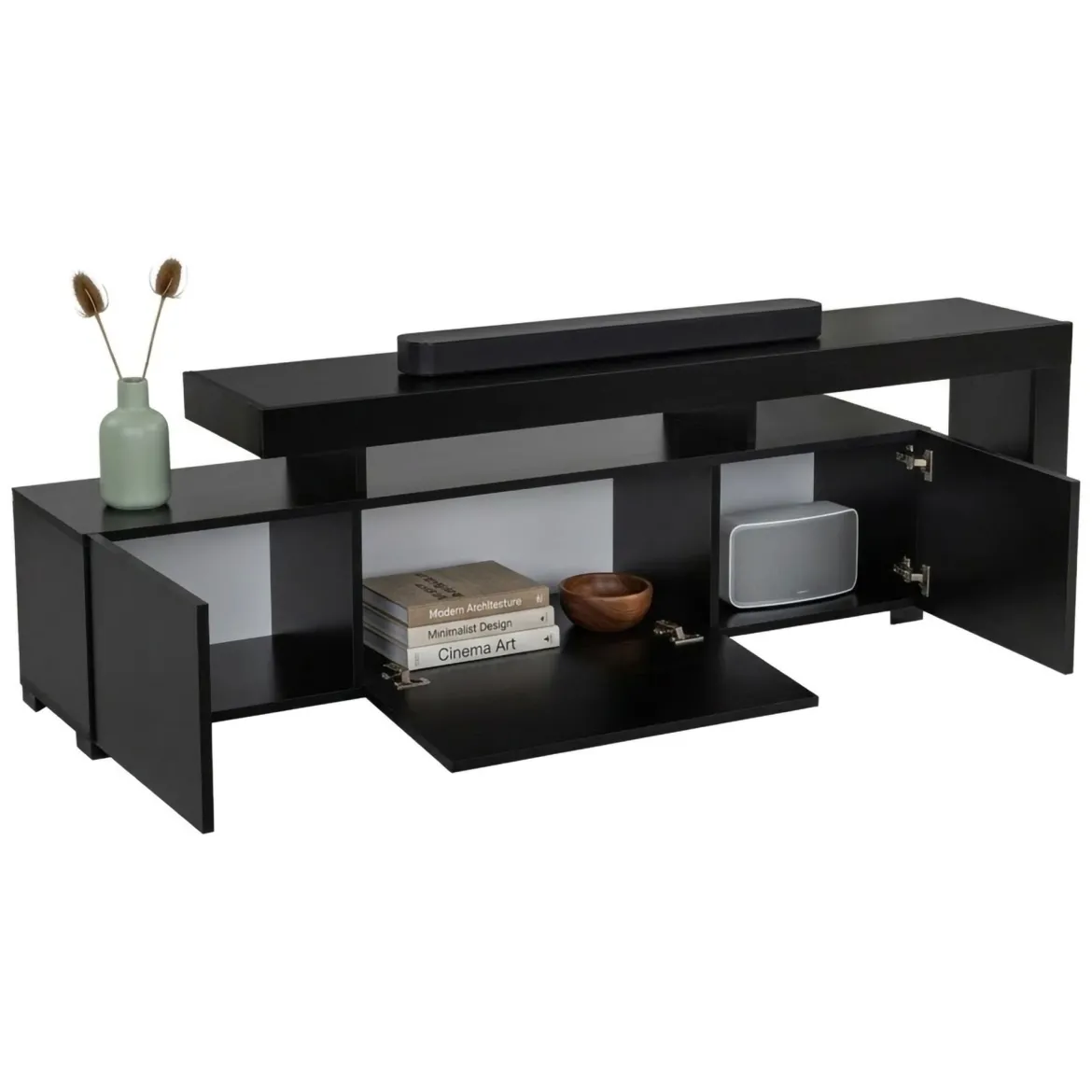 Mobile Porta tv Nero un Ripiano 3 Ante 192x37x53h cm, Luci led Incluse - Trasacco