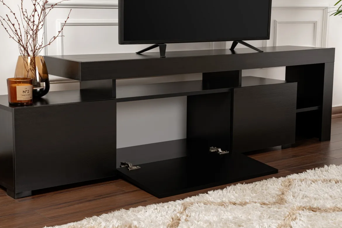 Mobile Porta tv Nero un Ripiano 3 Ante 192x37x53h cm, Luci led Incluse - Trasacco