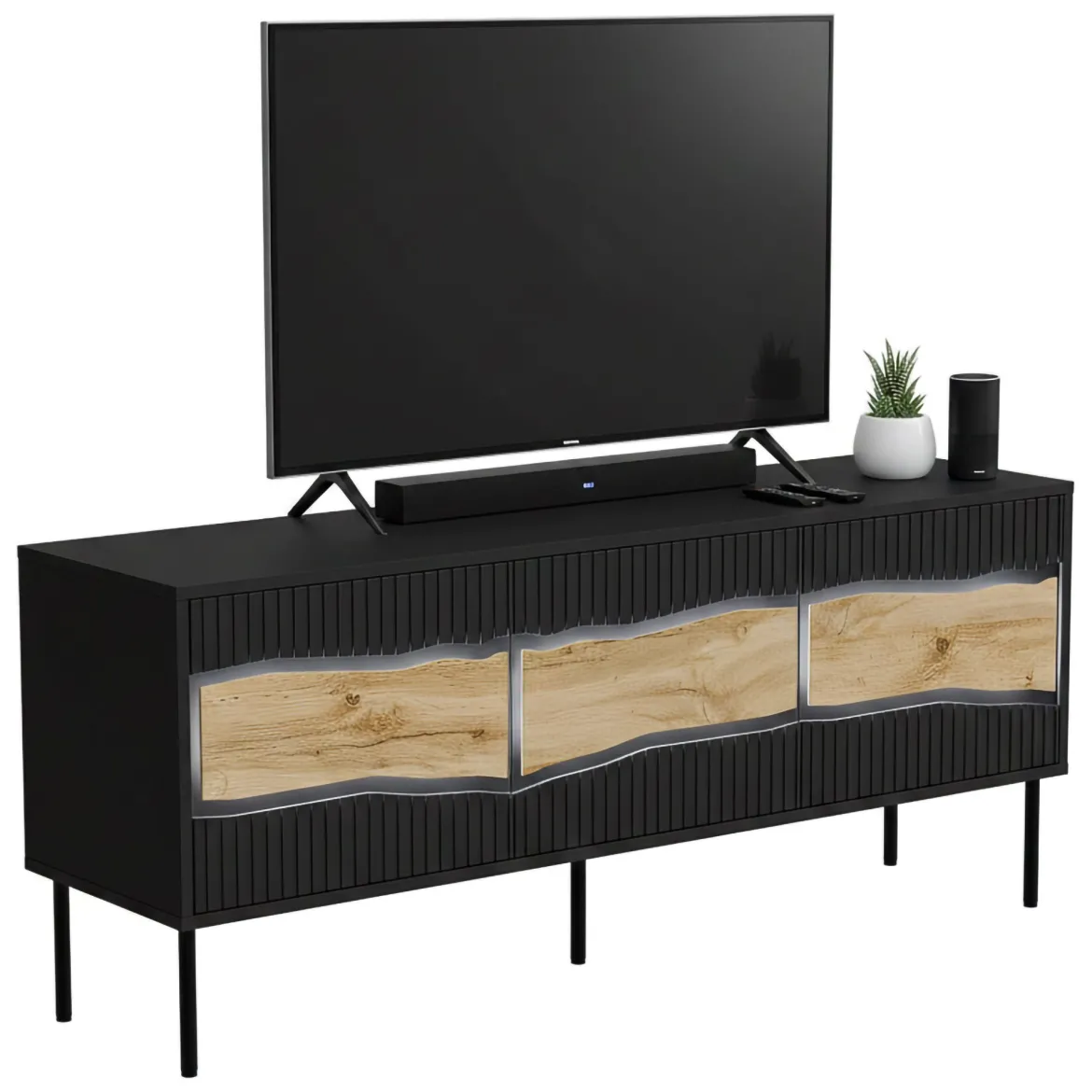 Mobile porta TV Novoli, 144x40 h62 cm, Nero e Rovere Nodi