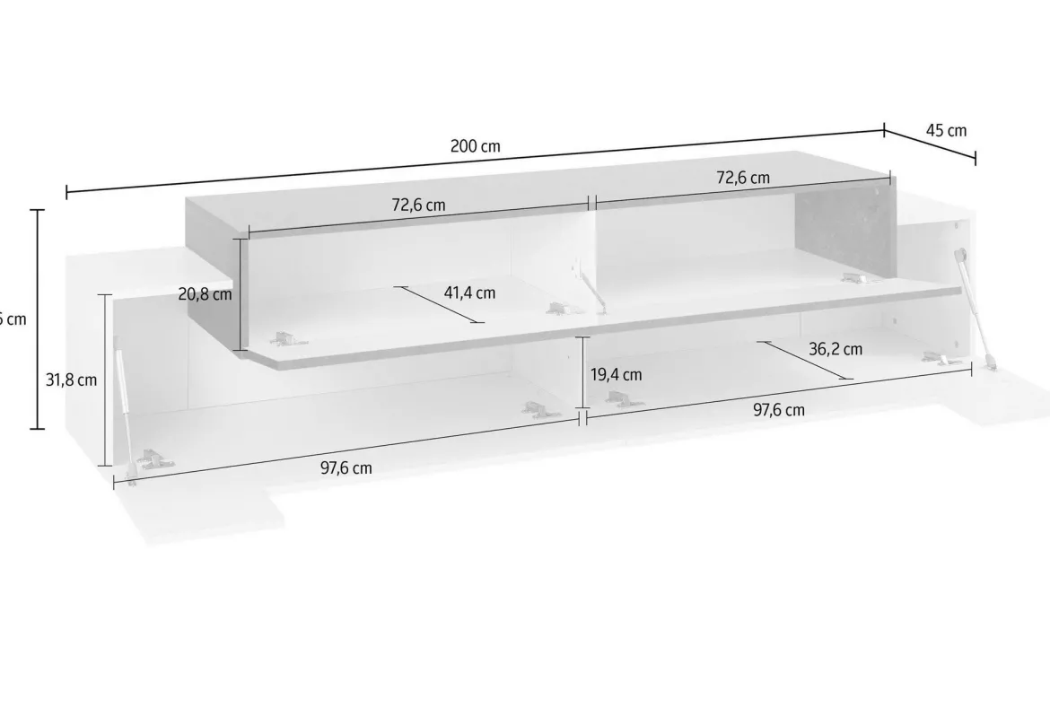 Mobile Porta tv Verde 3 Ripiani 4 Vani 200x45x51.5h cm, 3 Ante - Cassino