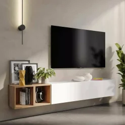 Mobile salotto in legno e metallo 194cm bianco lucido e rovere - Koguma