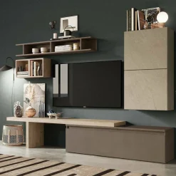 Mobile salotto in legno e metallo 276cm bianco lucido e ardesia - Anemolo