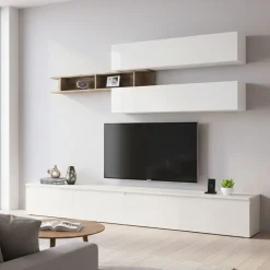 Mobile salotto moderno 276cm bianco lucido e rovere - Gilma