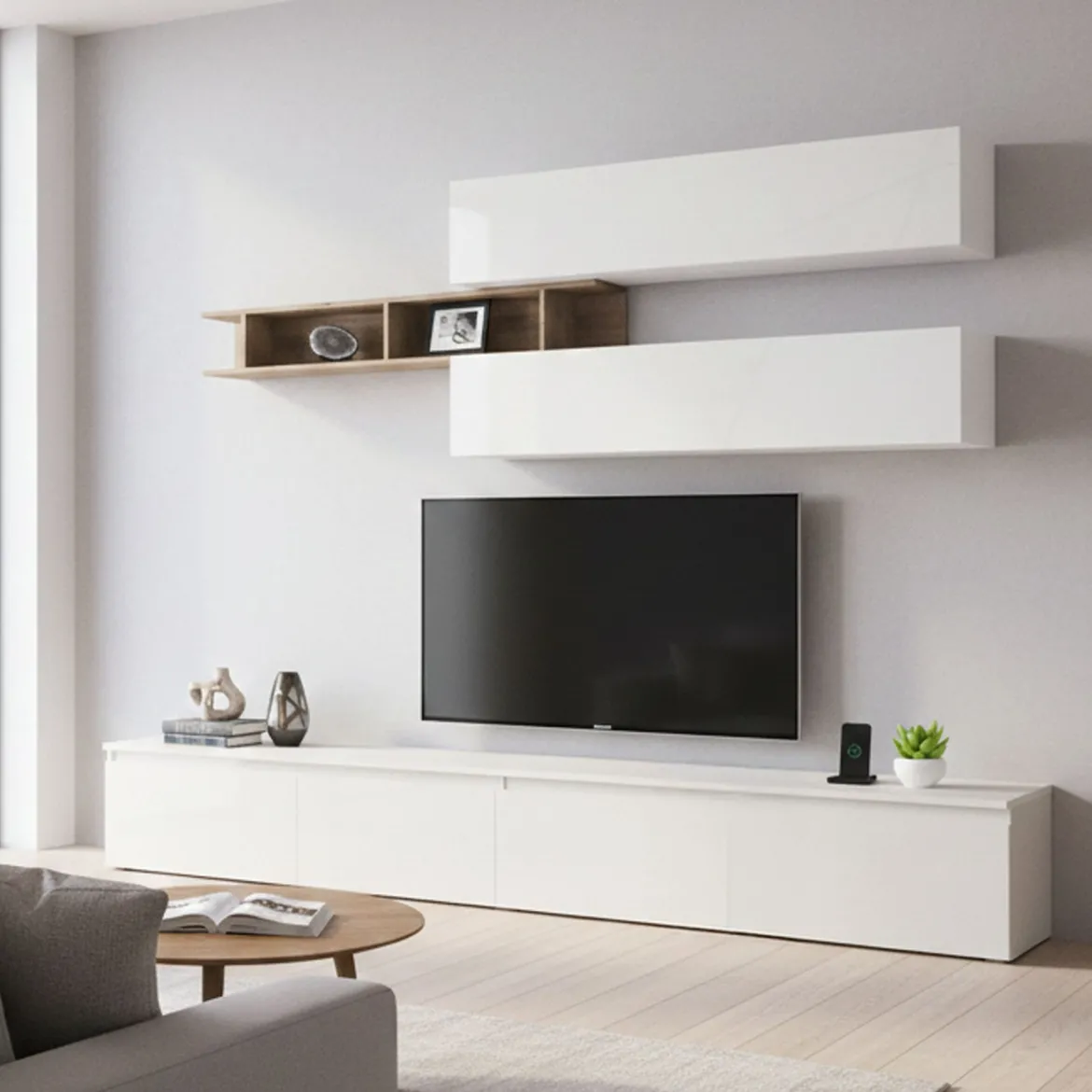Mobile salotto moderno 276cm bianco lucido e rovere - Gilma