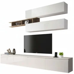 Mobile salotto moderno 276cm bianco lucido e rovere - Gilma