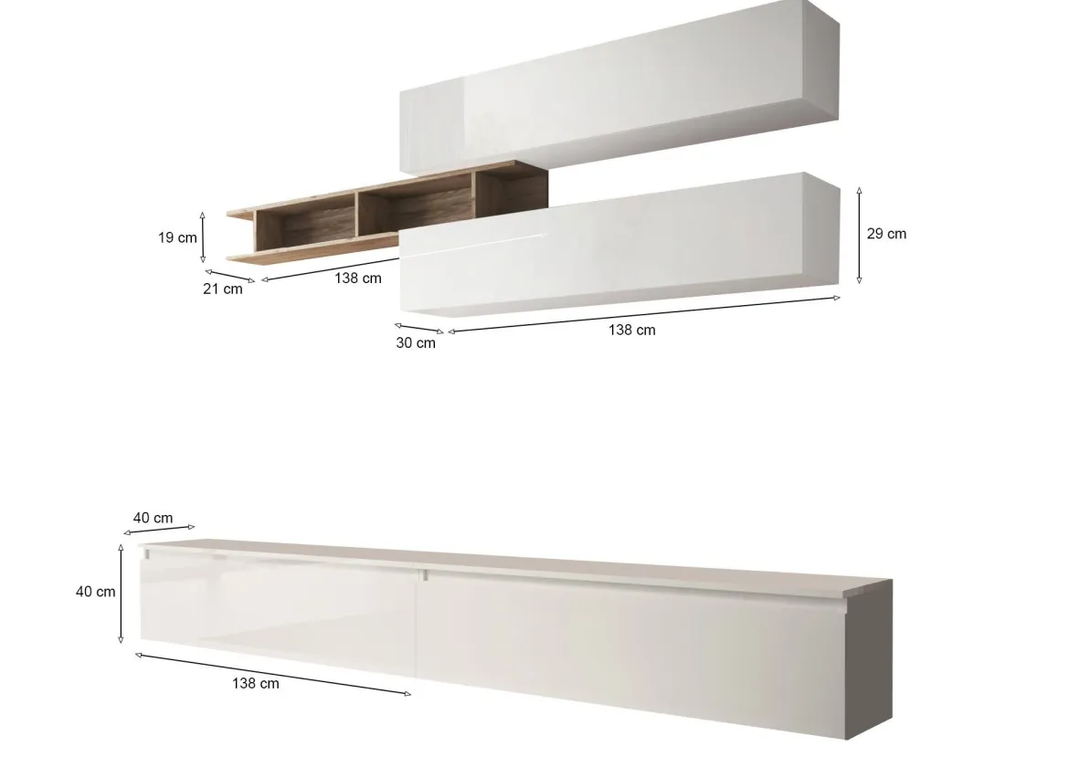 Mobile salotto moderno 276cm bianco lucido e rovere - Gilma