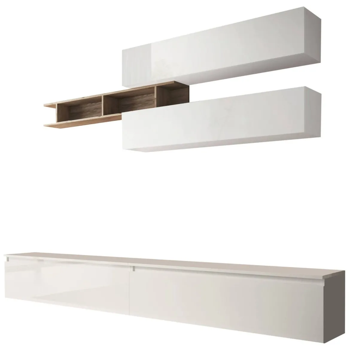 Mobile salotto moderno 276cm bianco lucido e rovere - Gilma