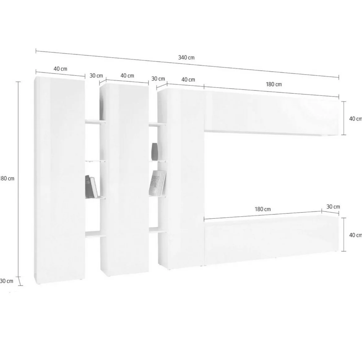 Mobile salotto moderno 340cm bianco lucido - Carretto