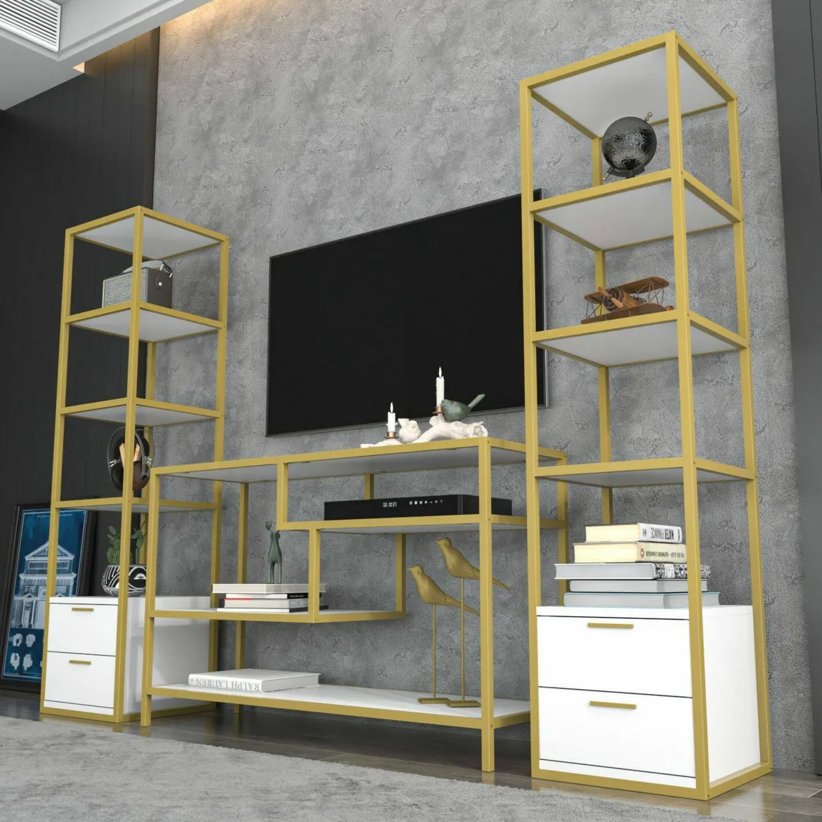 Mobile salotto multifunzione 198cm oro e bianco - Felion